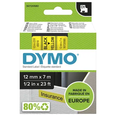 Dymo Labelmanager D1 Black Print/ Yellow Tape 1/2 X 23 Always Use Dymo-Branded