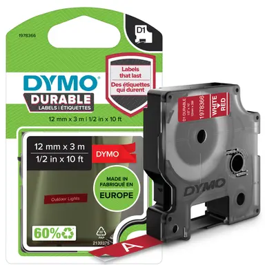 Dymo Labelmanager D1 Durable Label White Print on Red Tape 1/2IN X 10FT Thermal